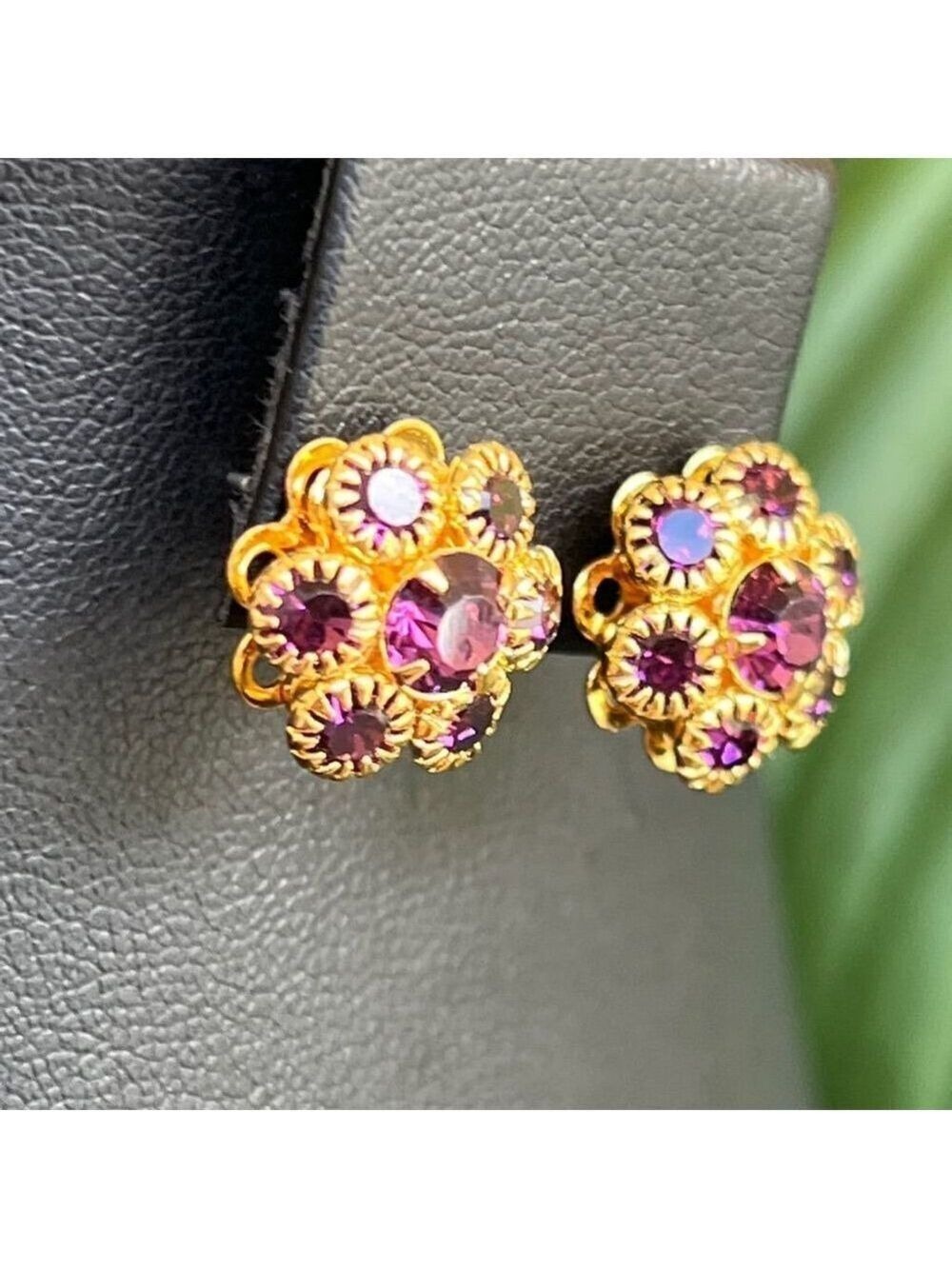 Gold Purple Floral Swarovski Crystals Statement Earrings